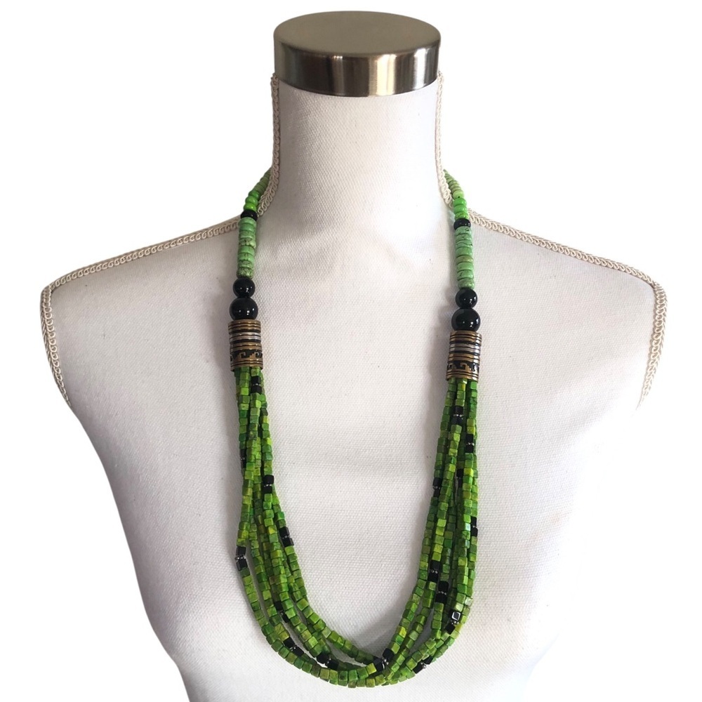 VINTAGE Tommy Singer Navajo Green Turquoise Jet Multi Strand Necklace 30"